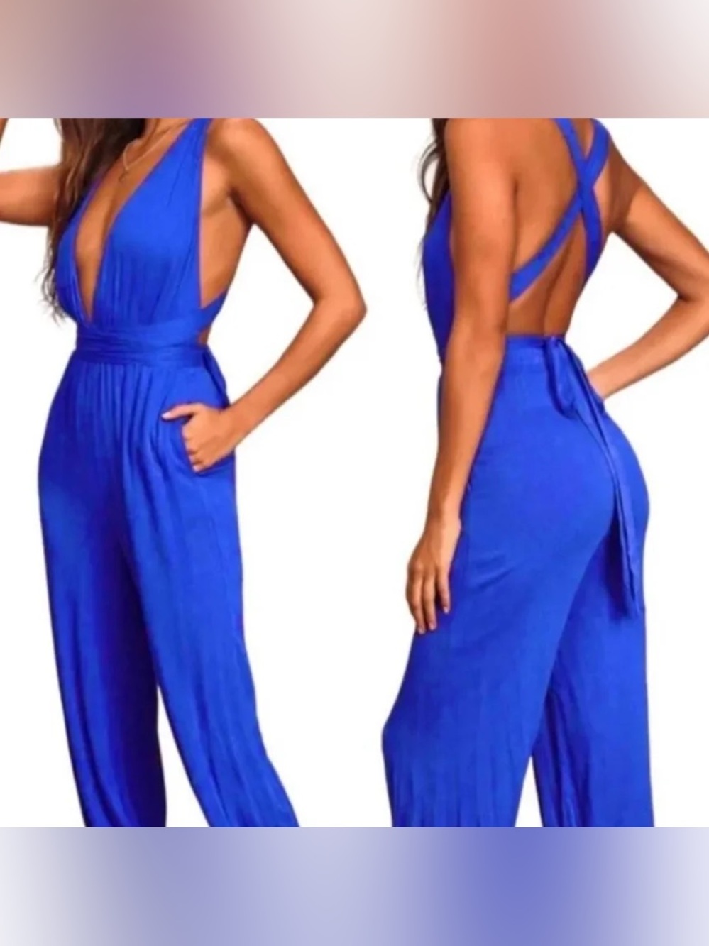 Lulus Lolinda Cobalt Blue Convertible Halter Jumpsuit